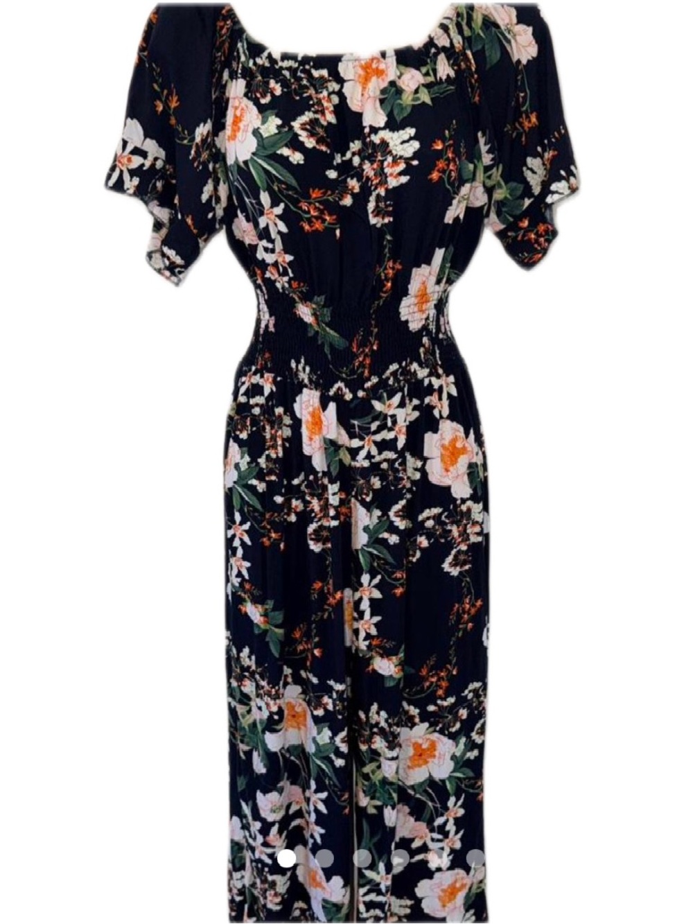 Kindred Anthropologie Black Floral Smocked Jumpsuit